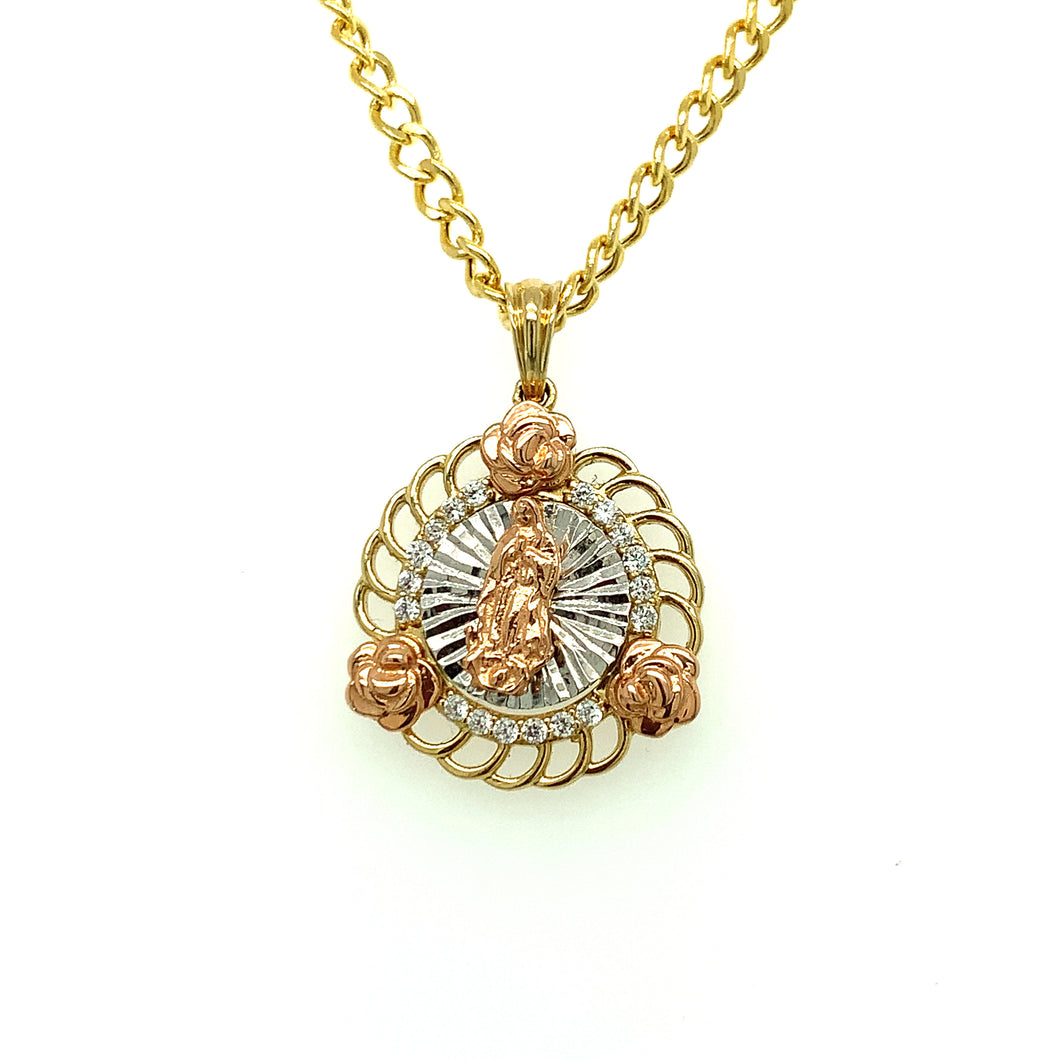 10K Gold Our Lady of Guadalupe Roses Cz Pendant