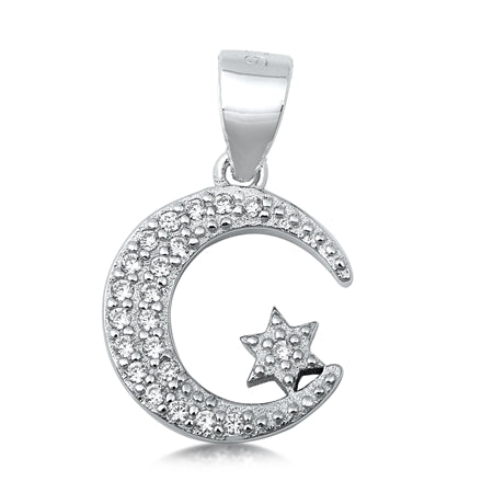 Sterling Silver Clear CZ Moon & Star