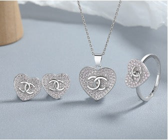 Sterling Silver Set Heart CC CZ