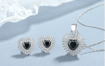 Sterling Silver Set Pendant and Earrings Black Heart CZ
