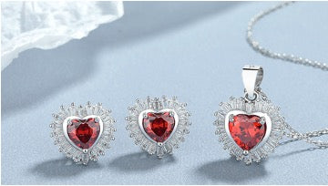 Sterling Silver Set Pendant and Earrings Red Heart CZ