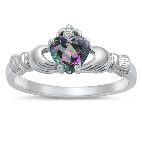 Sterling Silver Rainbow Topaz Heart CZ Ring