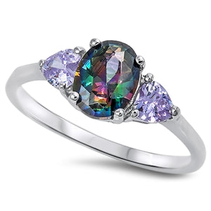Sterling Silver Oval Rainbow Topaz CZ Ring