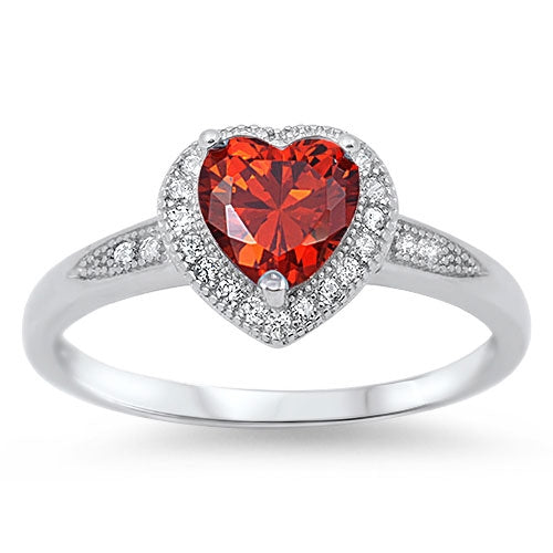 Sterling Silver Garnet Heart CZ Ring