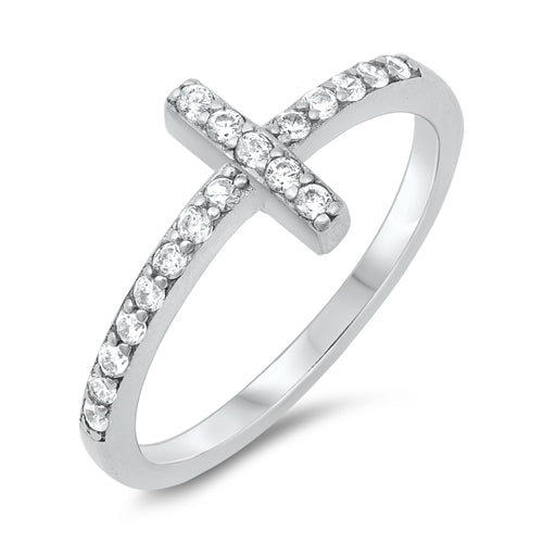 Sterling Silver Clear CZ Sideway Cross Ring