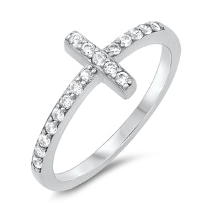 Sterling Silver Clear CZ Sideway Cross Ring