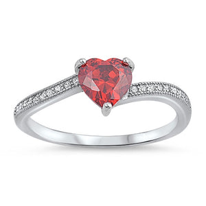 Sterling Silver Garnet Heart W/ Clear CZ Ring