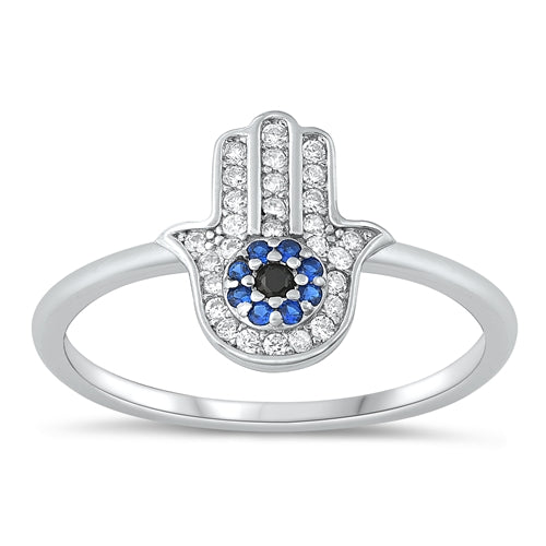Sterling Silver Blue & Clear CZ Hamsa Ring
