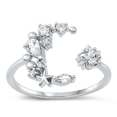 Sterling Silver CZ Moon & Star Ring