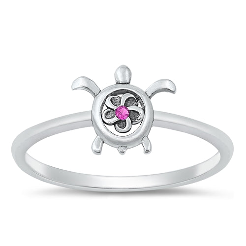 Sterling Silver Turtle W/ Ruby CZ Ring