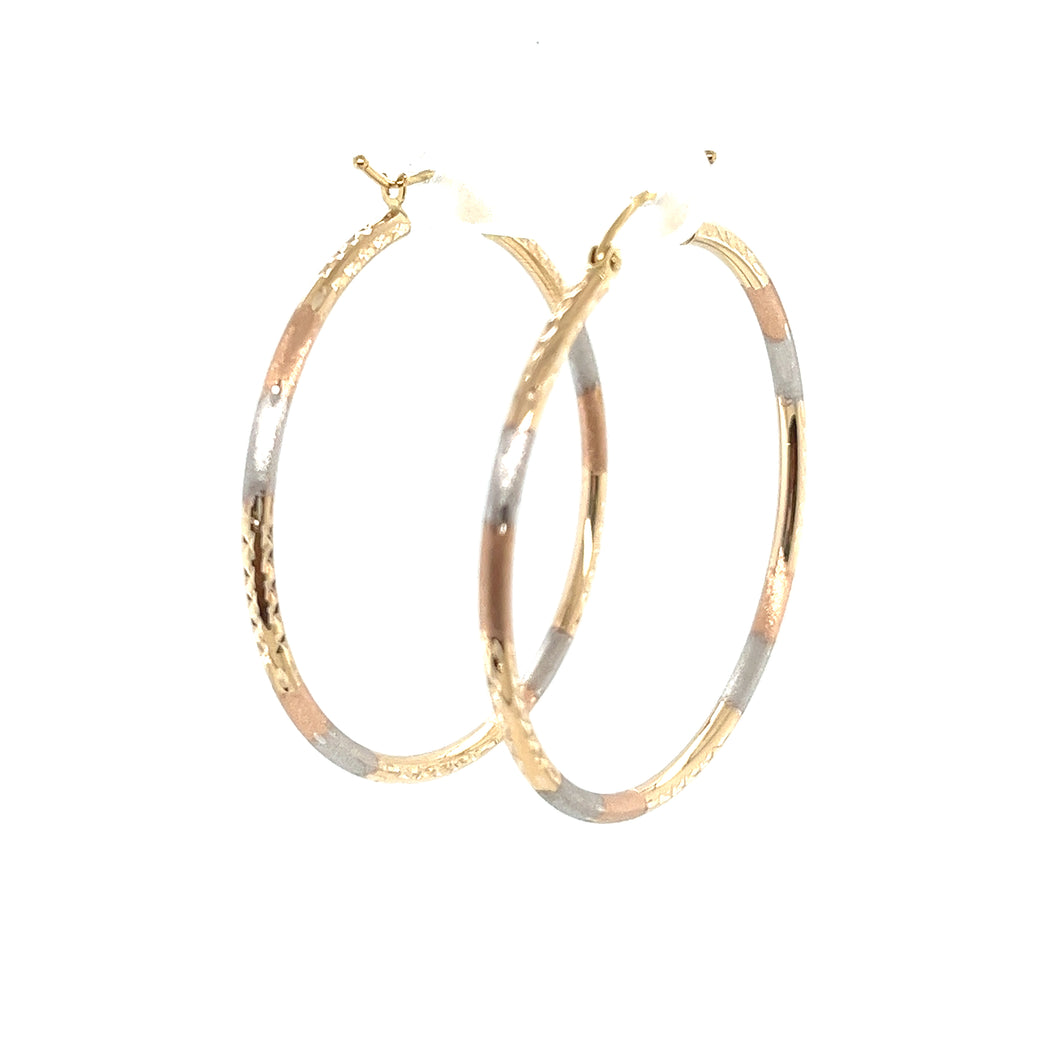 10k Tri Gold Lines Cut Hoops