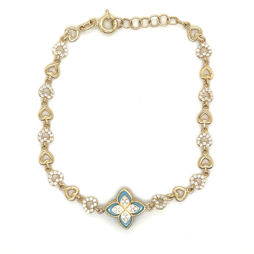 14k Gold Blue Clover Heart Bracelet