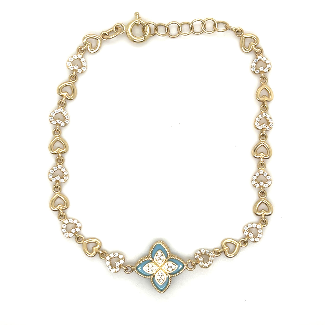 14k Gold Blue Clover Heart Bracelet