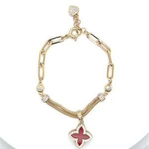 14k Gold Red Clover Staple Bracelet