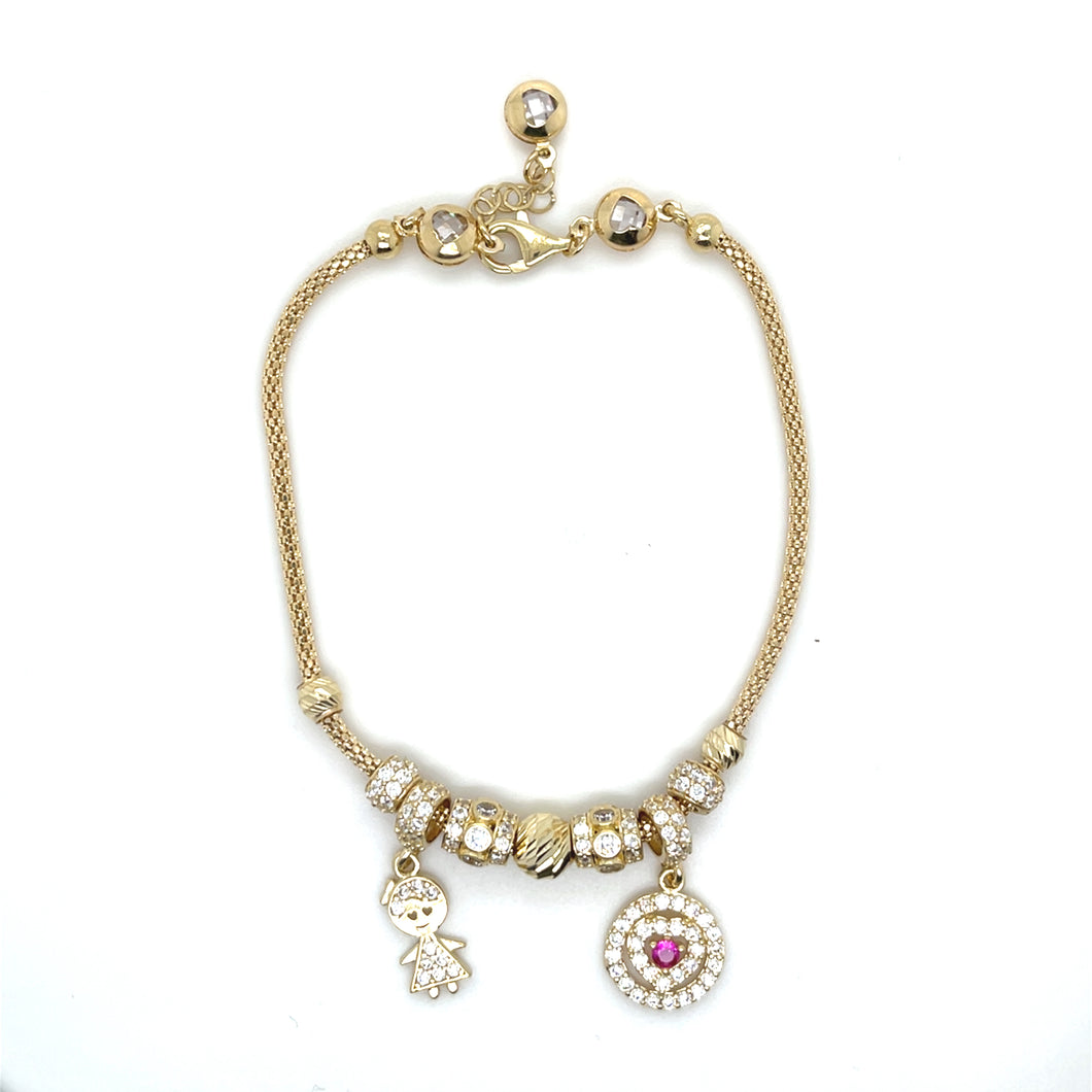 14k Gold Heart and Girl Dangle Bracelet
