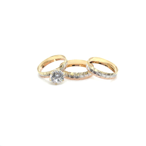 14k Gold Round Wedding Bands and Engagement Trio
