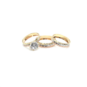 14k Gold Round Wedding Bands and Engagement Trio