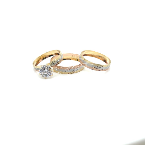 14k Gold Round Wedding Bands and Engagement Trio
