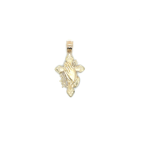 14K Gold Praying Hands with Rosary and Cross Pendant