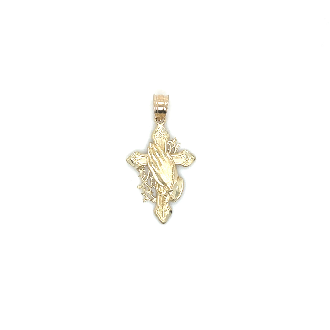 14K Gold Praying Hands with Rosary and Cross Pendant