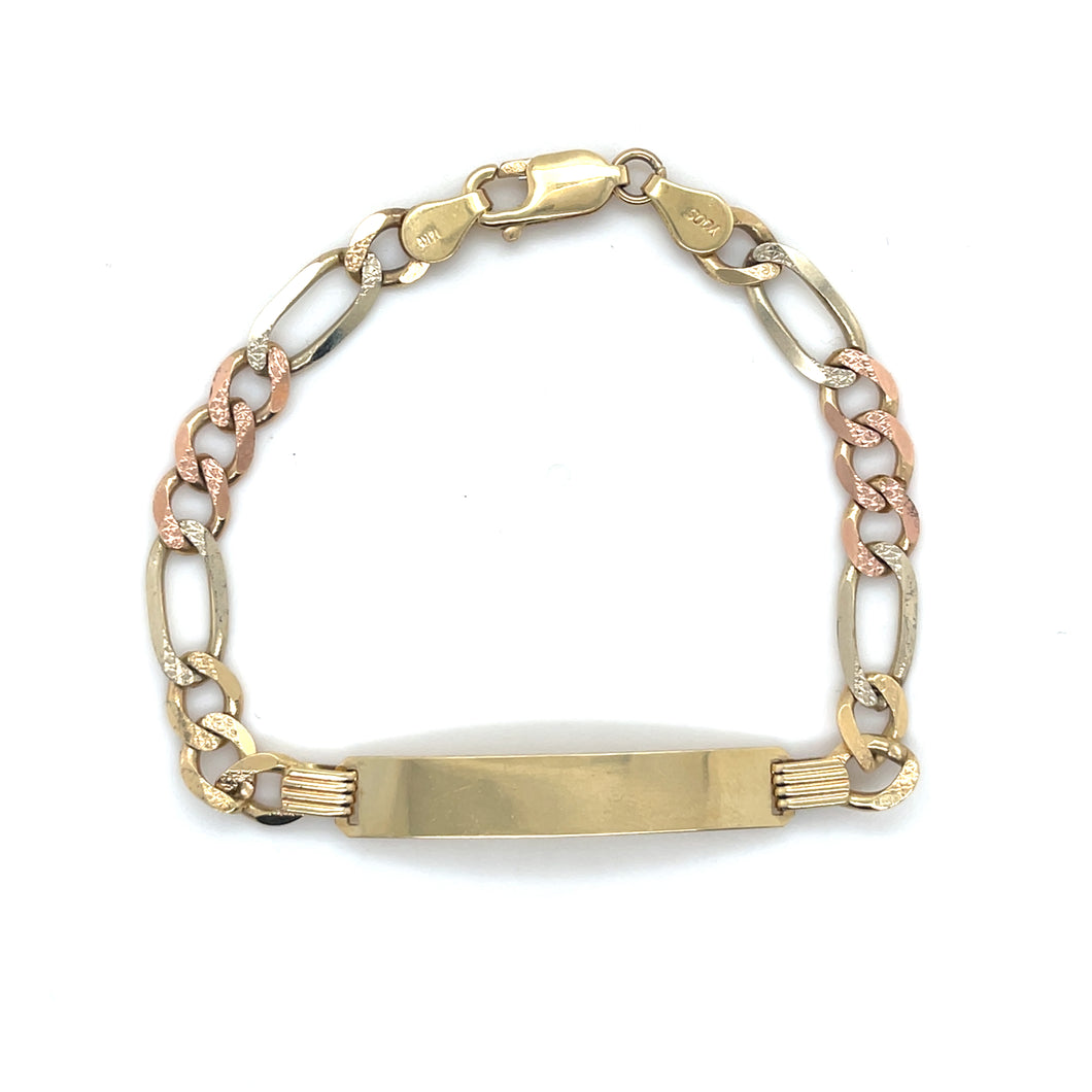 14K Tri Gold Figaro Link ID Bracelet
