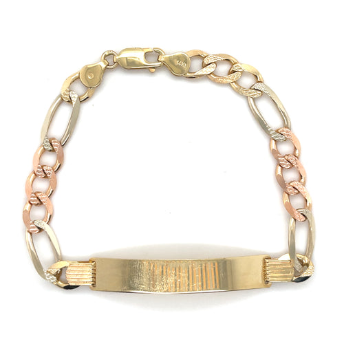 14k Tri Gold Figaro Link ID Bracelet