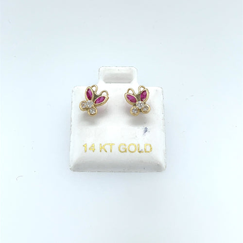 14k Gold Fuscia Butterfly CZ Studs