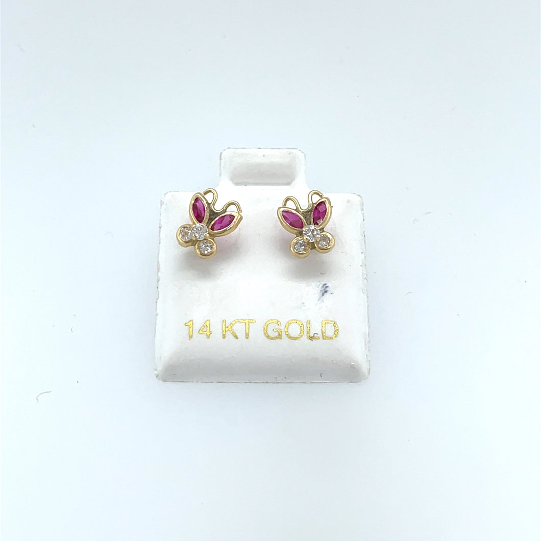 14k Gold Fuscia Butterfly CZ Studs
