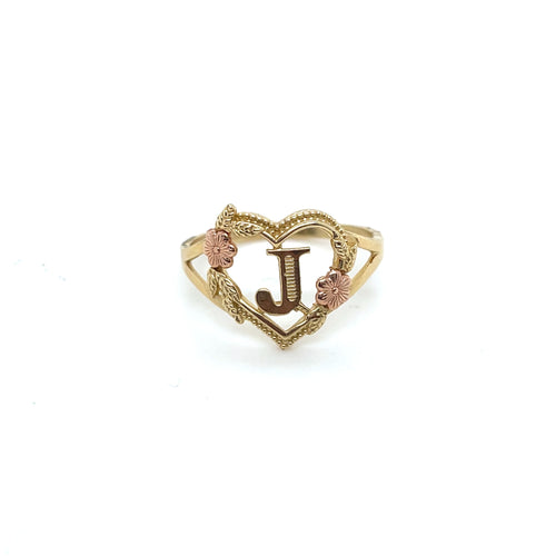 14K Tri Gold Heart and Flowers Letter J Ring