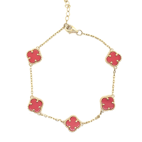14k Gold Red Clover Bracelet