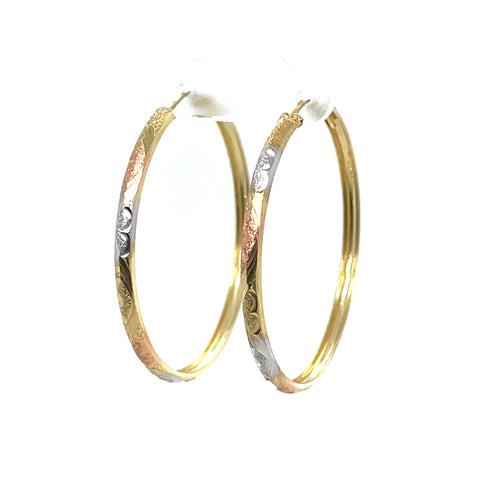 14k Tri Gold Heart Hoops