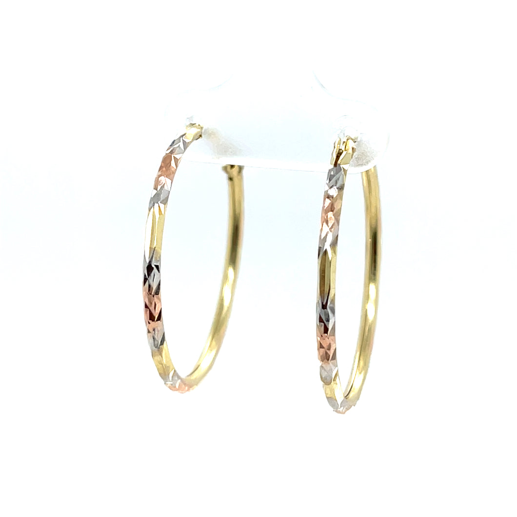 14k Tri Gold Line and Dot Hoops