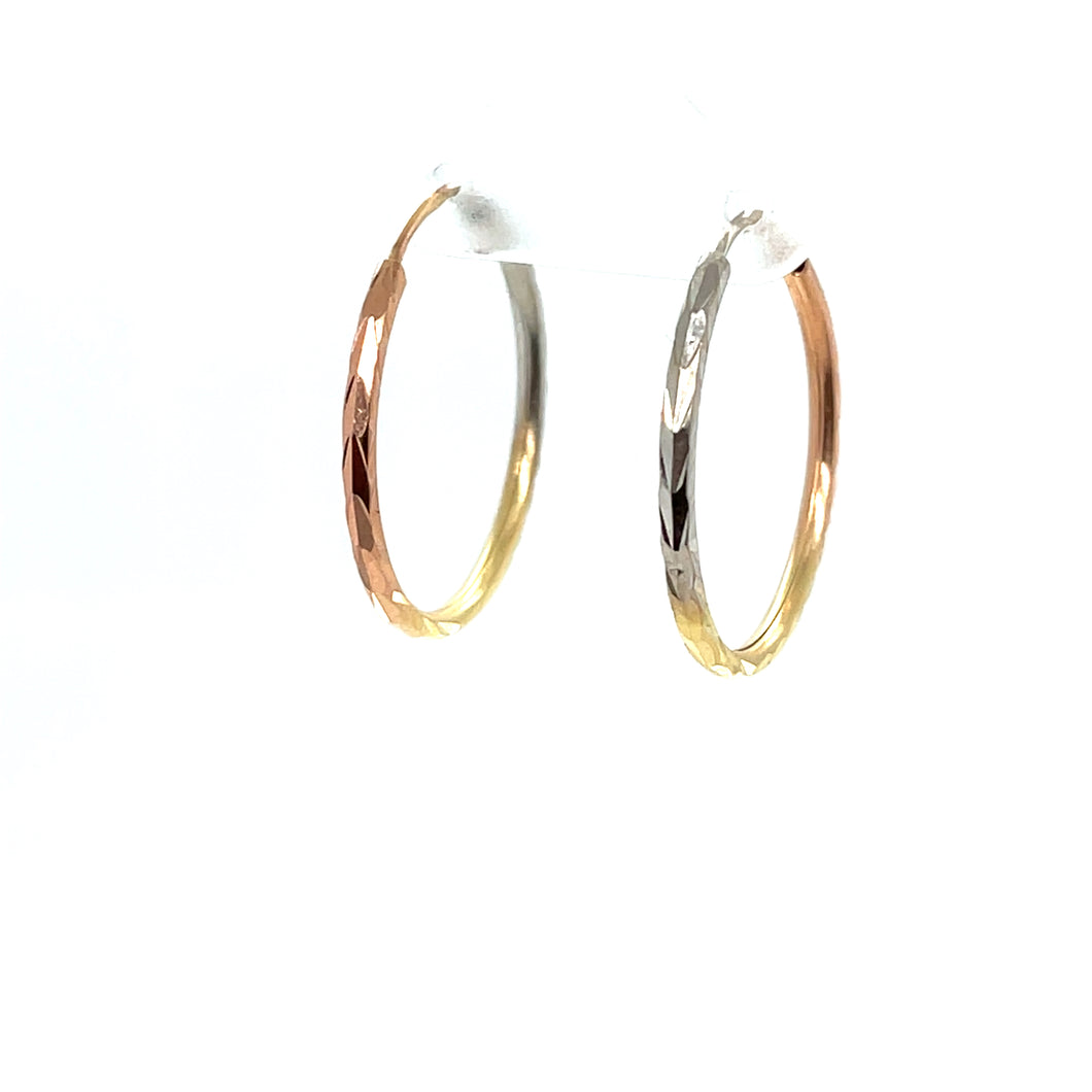 14k Tri Gold Line Cut Hoops