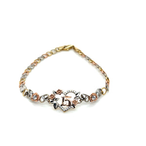 10K Tri Gold "15 years" Heart Link Bracelet