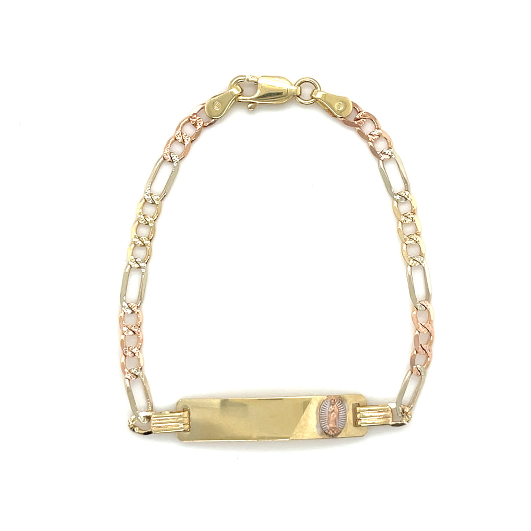 14k Tri Gold Our Lady of Guadalupe Figaro ID Bracelet
