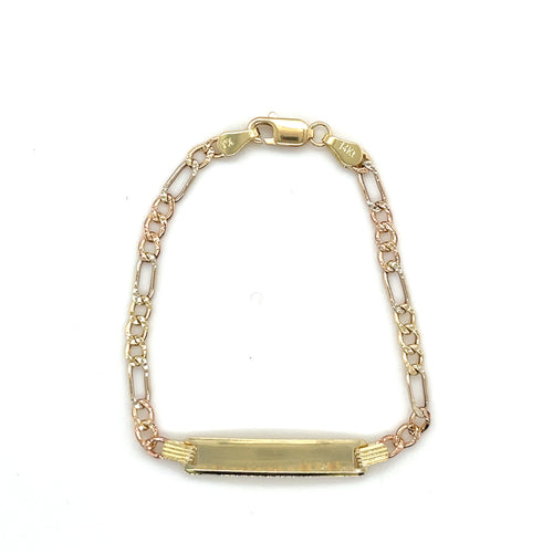 14k Tri Gold Figaro Diamond Cut ID Bracelet