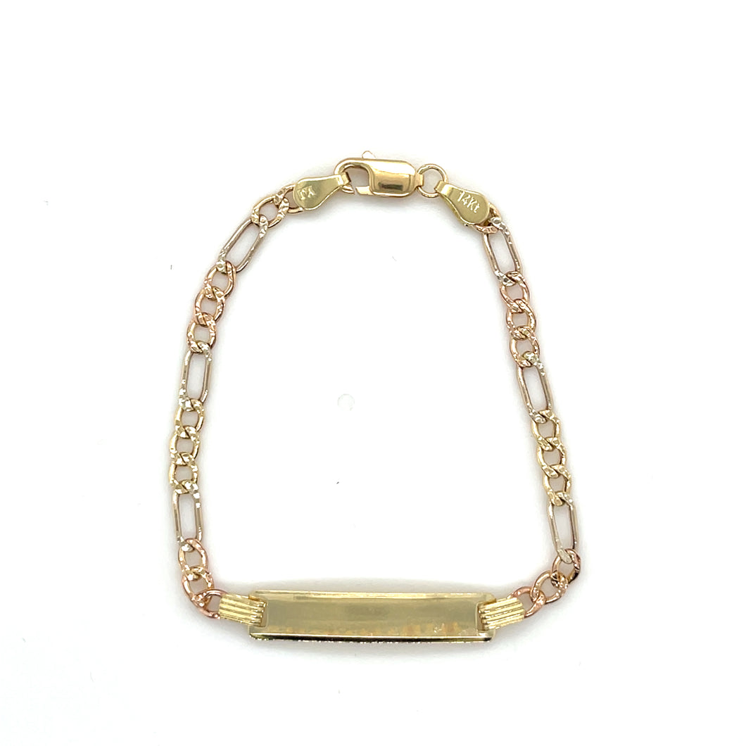14k Tri Gold Figaro Diamond Cut ID Bracelet