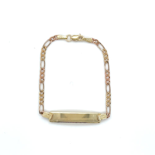 14k Tri Gold Figaro Diamond Cut ID Bracelet