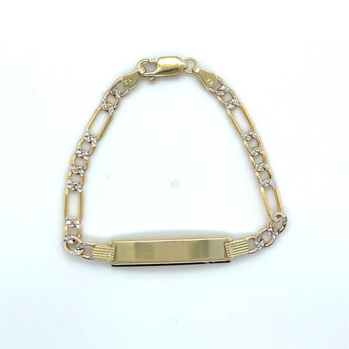 14k Gold Figaro Link Diamond Cut ID Bracelet
