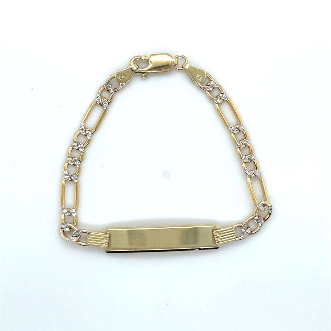14k Gold Figaro Link Diamond Cut ID Bracelet
