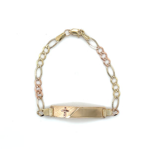 14k Tri Gold Cross Figaro Link Diamond Cut ID Bracelet