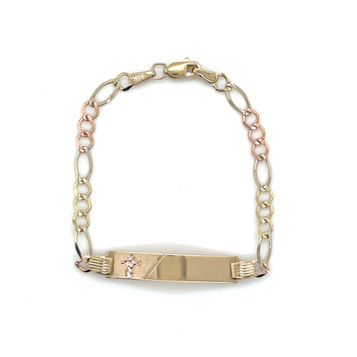 14k Tri Gold Cross Figaro Link Diamond Cut ID Bracelet