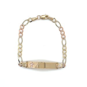 14k Tri Gold Cross Figaro Link Diamond Cut ID Bracelet