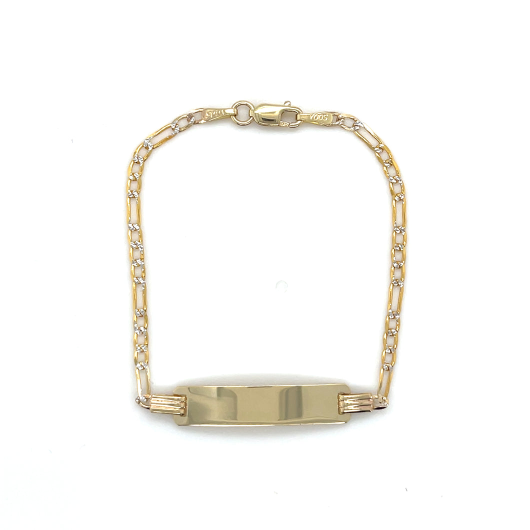 14k Gold Figaro Link Diamond Cut ID Bracelet