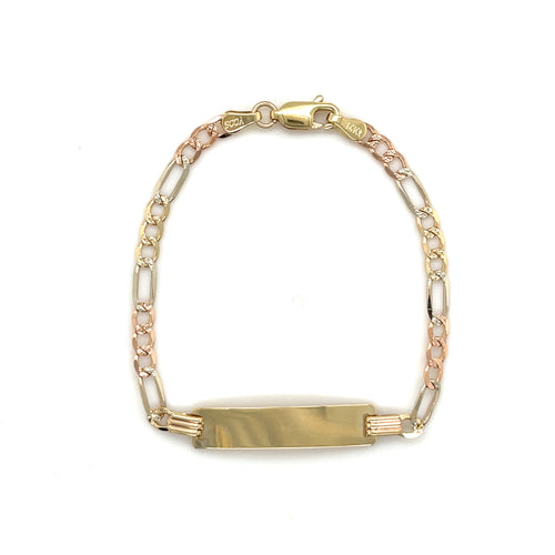 14k Tri Gold Figaro Diamond Cut ID Bracelet