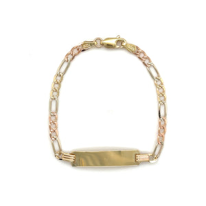 14k Tri Gold Figaro Diamond Cut ID Bracelet