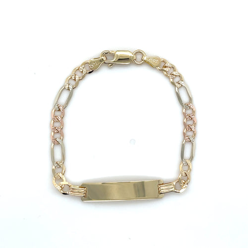 14k Tri Gold Figaro Link Diamond Cut ID Bracelet