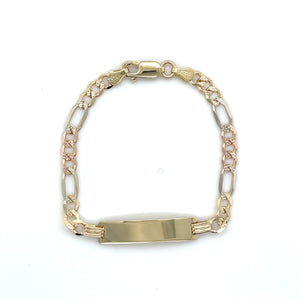 14k Tri Gold Figaro Link Diamond Cut ID Bracelet