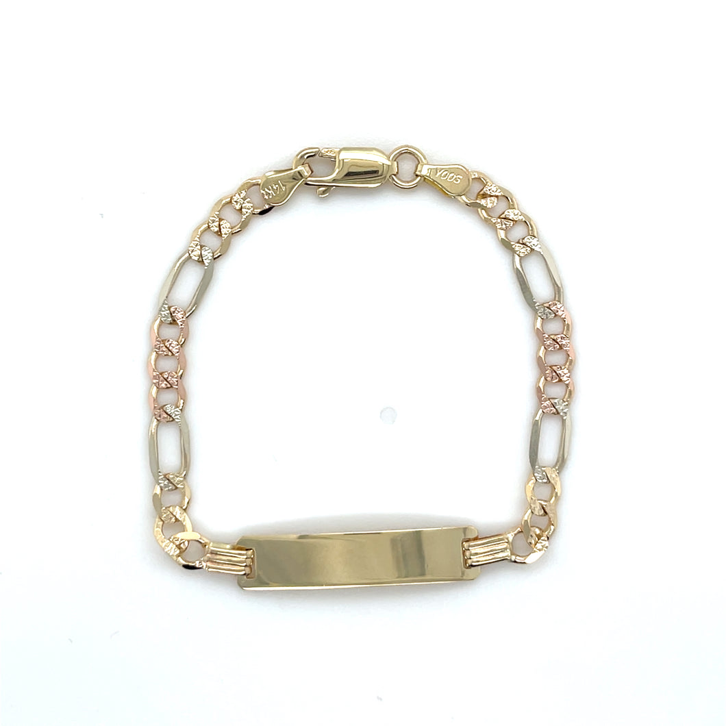 14k Tri Gold Figaro Link Diamond Cut ID Bracelet