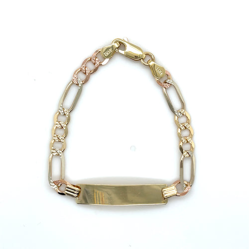 14k Tri Gold Figaro Link Diamond Cut ID Bracelet